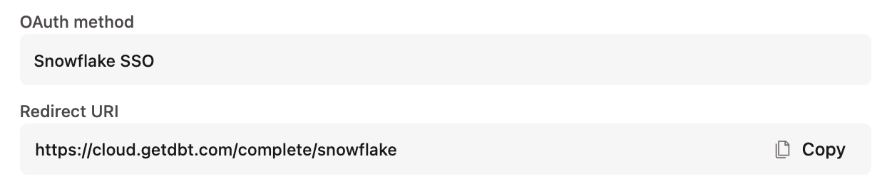 Locate the Snowflake OAuth redirect URI The OAuth method and Redirect URI inputs for a Snowflake connection in dbt.